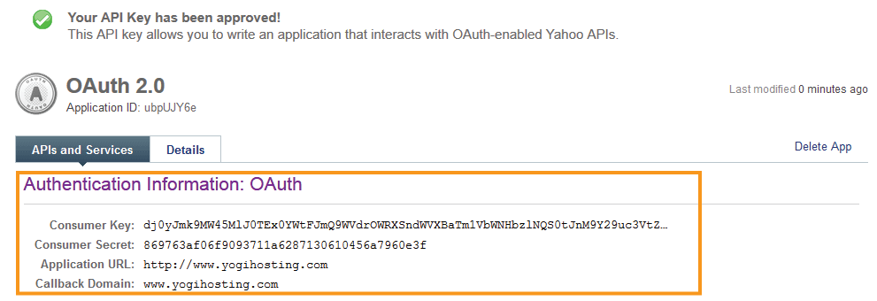 Yahoo Consumer Key and Consumer Secret