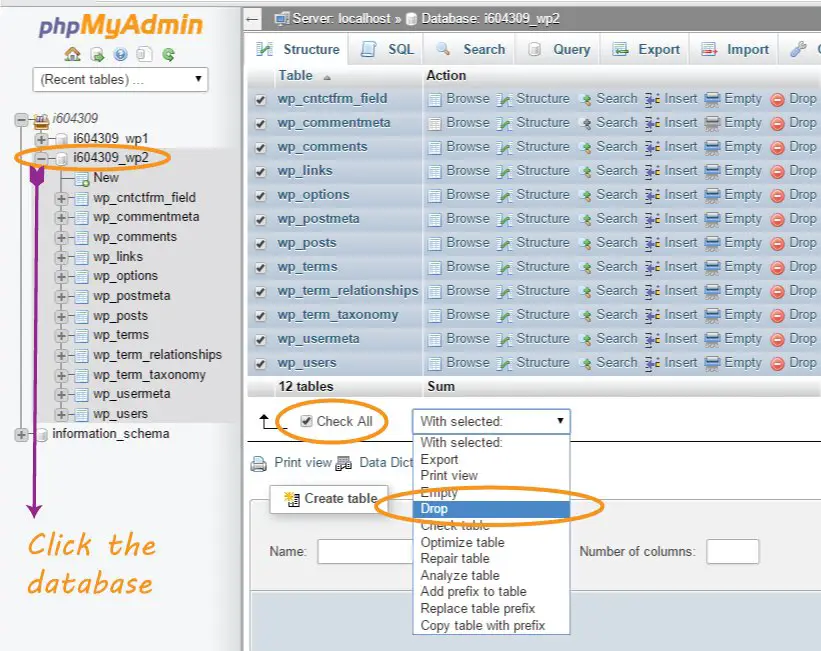 Selecting and Dropping all Tables from WordPress Database