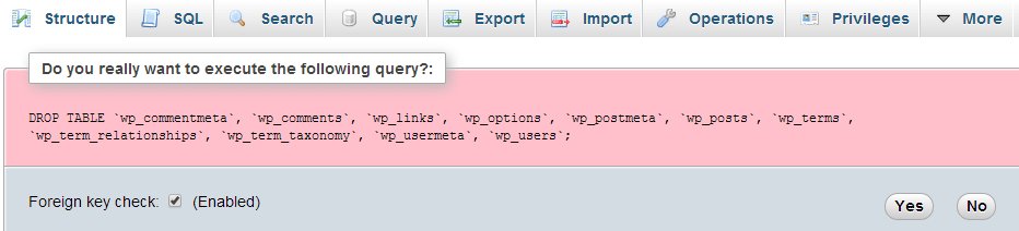 Confirmation before Dropping all Tables from WordPress Database