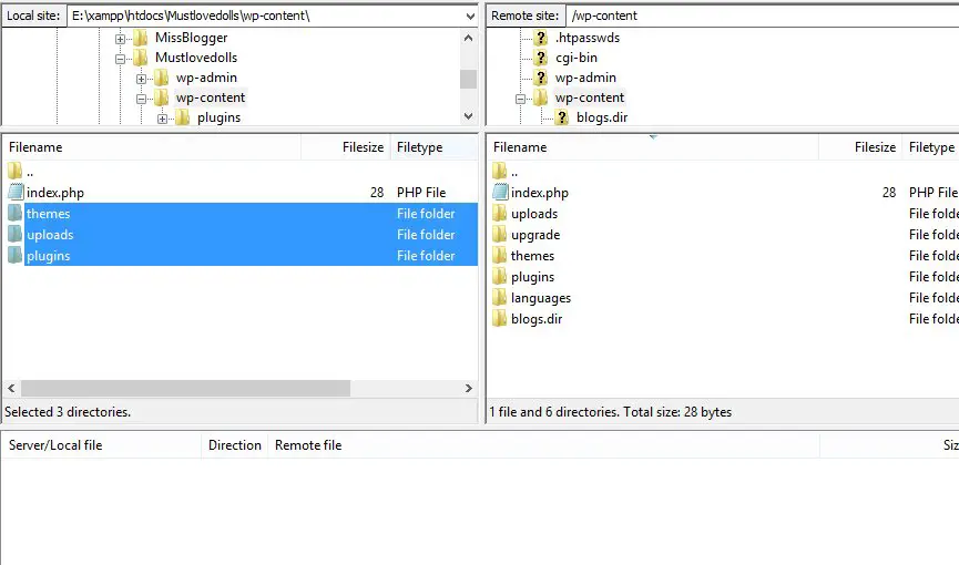 Restoring WordPress Files from FileZilla