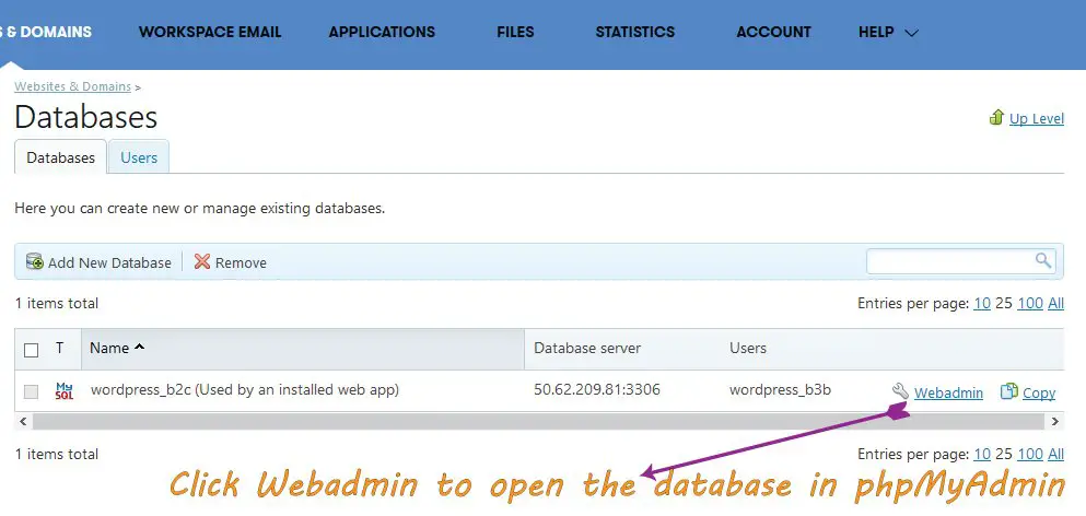 Opening Database with phpMyAdmin in Plesk Panel