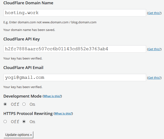 CloudFlare Plugin Settings