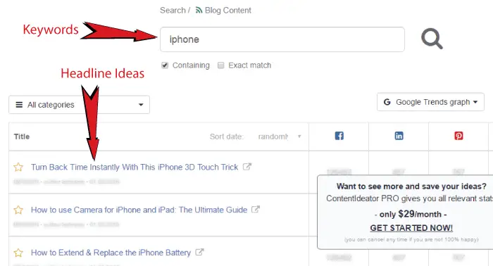 contentideator headline ideas generating tool