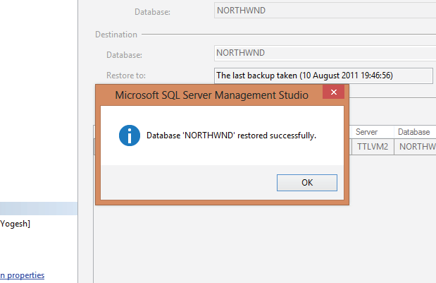 Database Northwind restored successfully