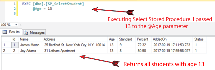 executing select stored procedure