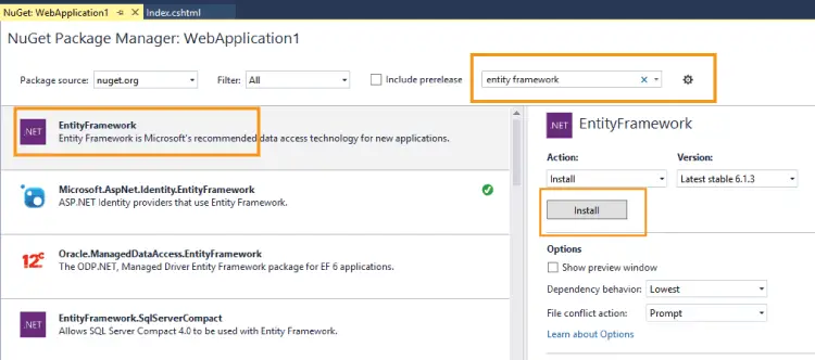 install entity framework through nuget