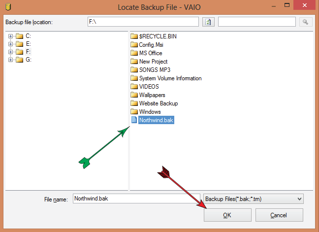 locate backup file window