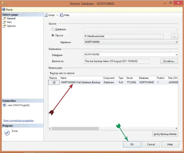 restore database window ready to restore nothwind backup