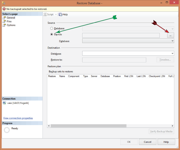 restore database window