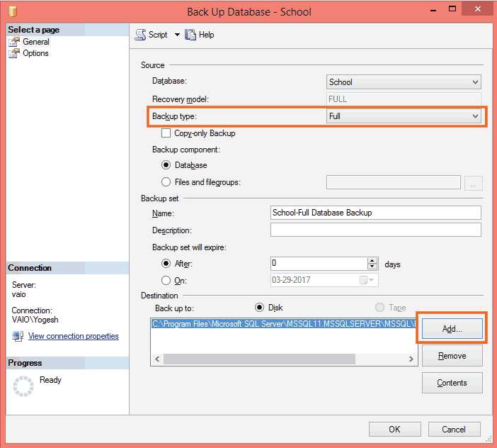 backup database window