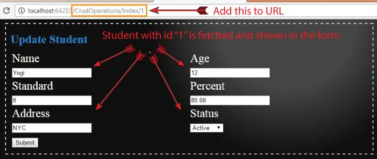 student record fetched and shown in the form