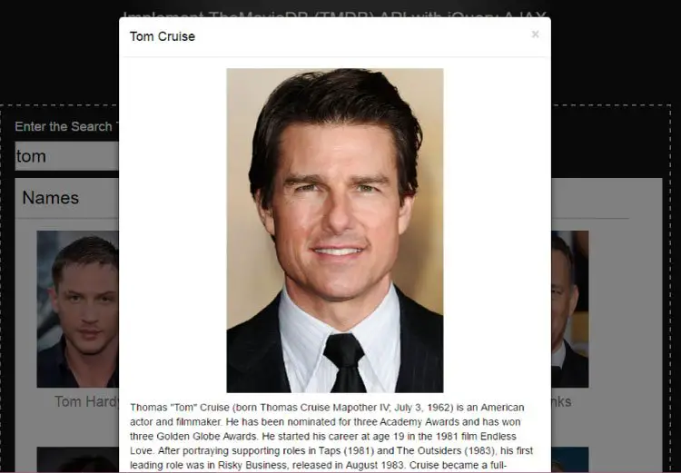 showing tom cruise details in bootstrap modal