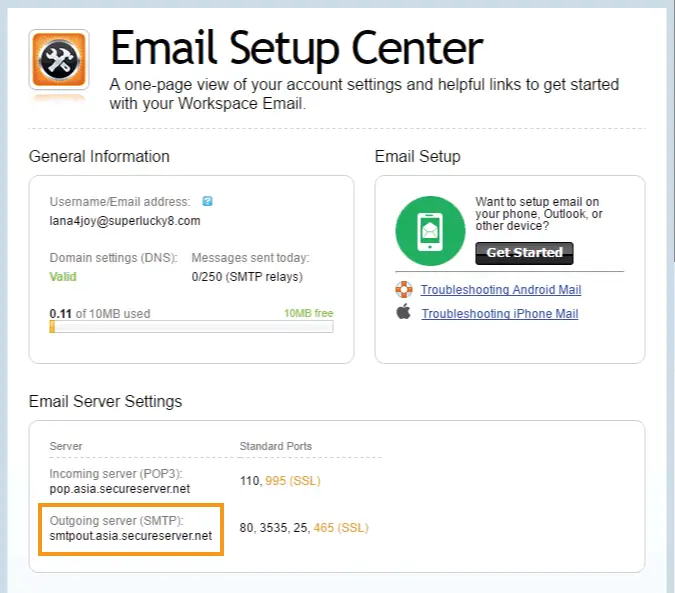 Outgoing Server SMTP settings