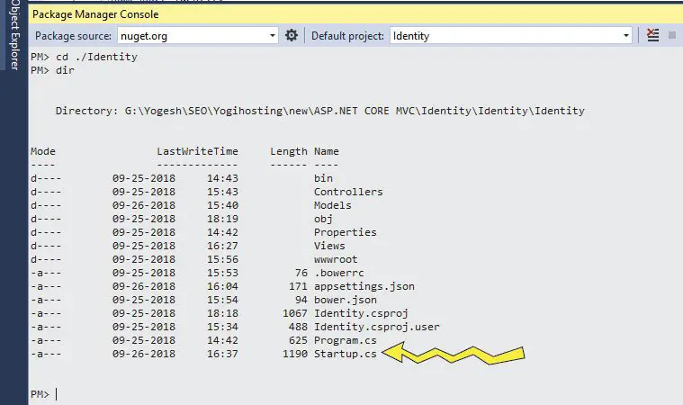 project file directory asp.net core identity