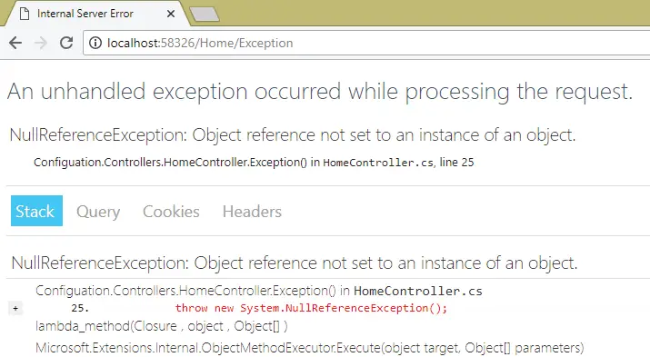 exception with stack trace