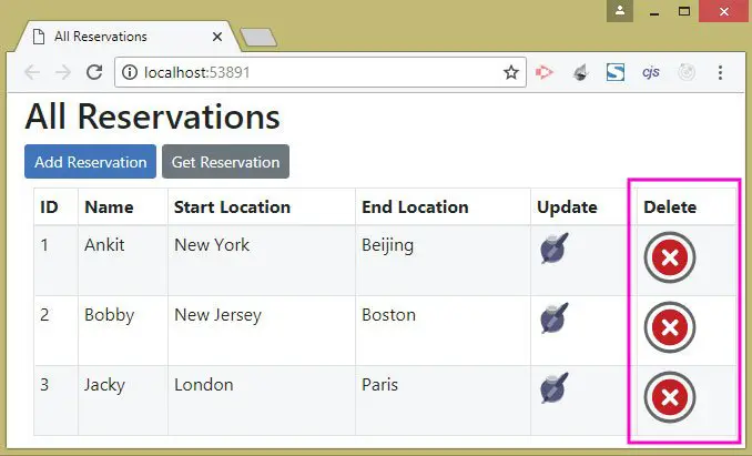 delete icon in reservation table