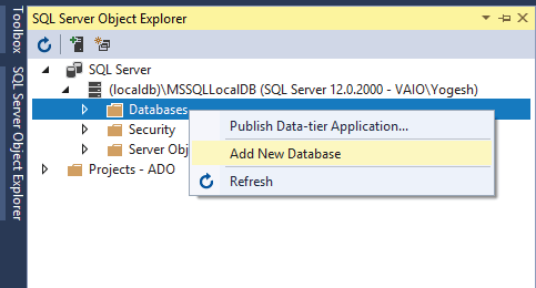 add new sql server database