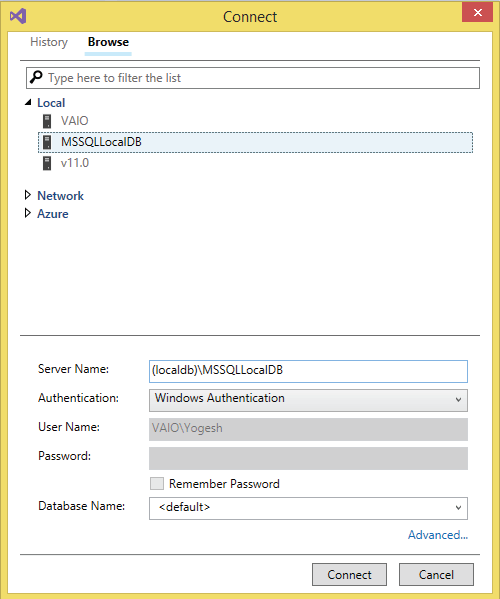 connecting sql server in SQL Server Object Explorer