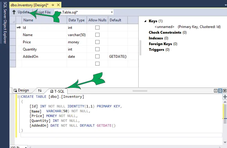 table design window sql server