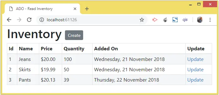 update records ado.net asp.net core project