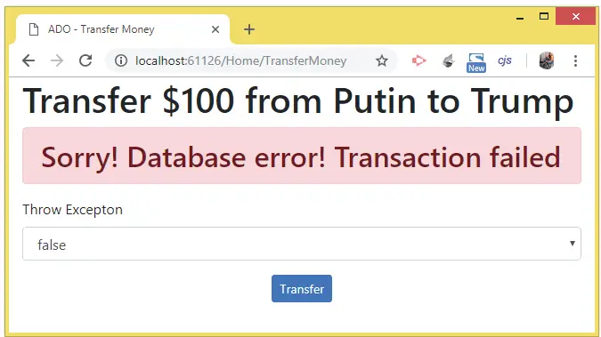 ado.net transaction failed