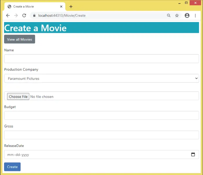 create movie view entity framework core