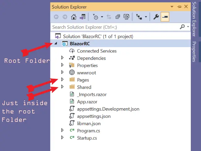 location of pages and shared folder in blazor app