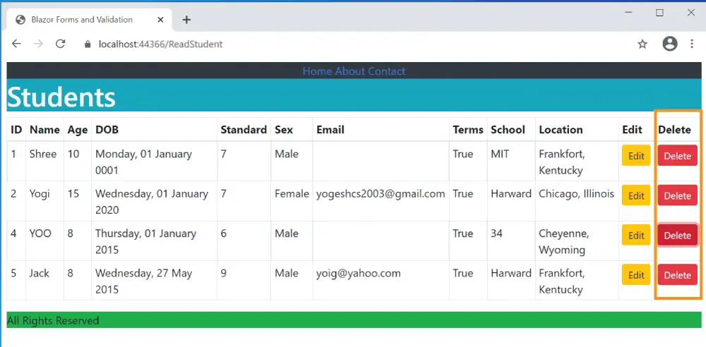 Blazor CRUD Delete Column