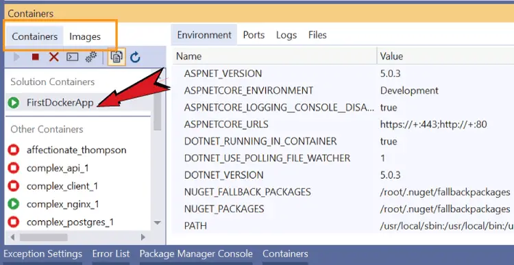 asp.net core docker container window vs