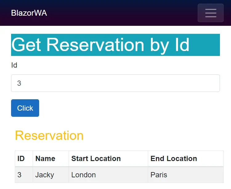 read reservation by Id blazor wasm