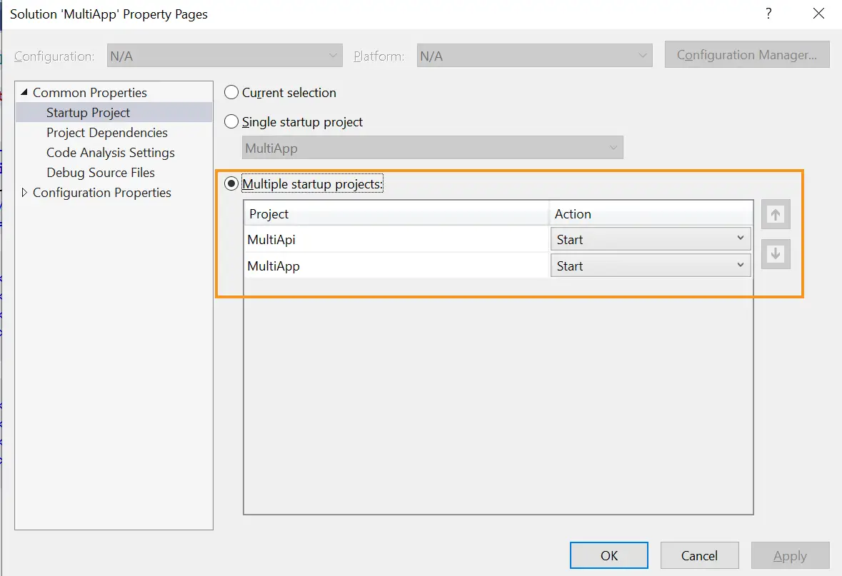 multiple startup projects visual studio
