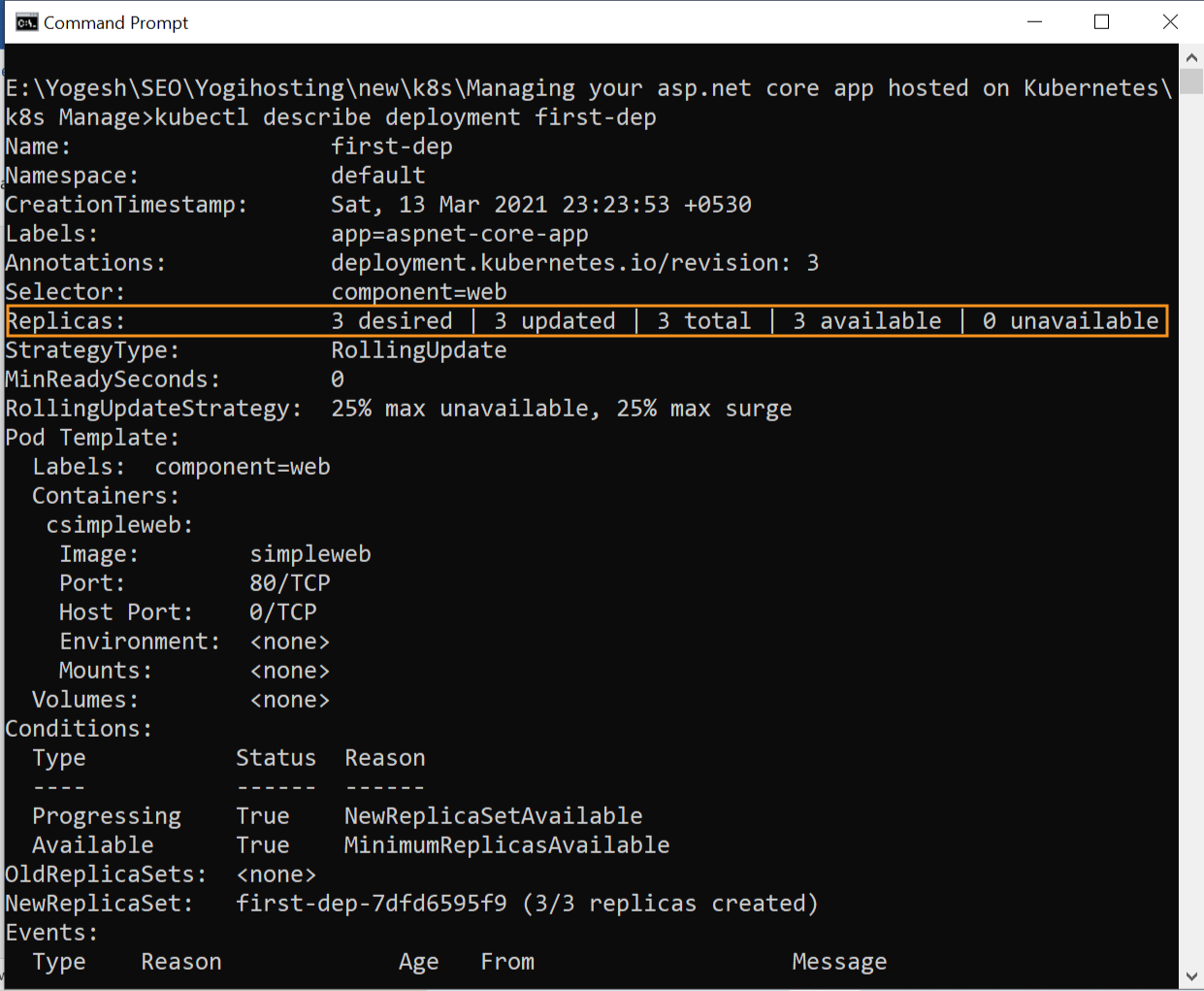 kubectl describe deployment command prompt