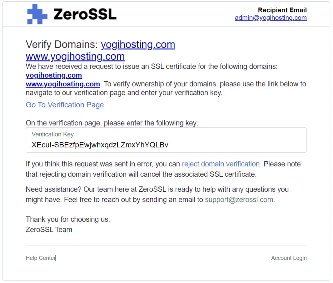 zerossl verification email