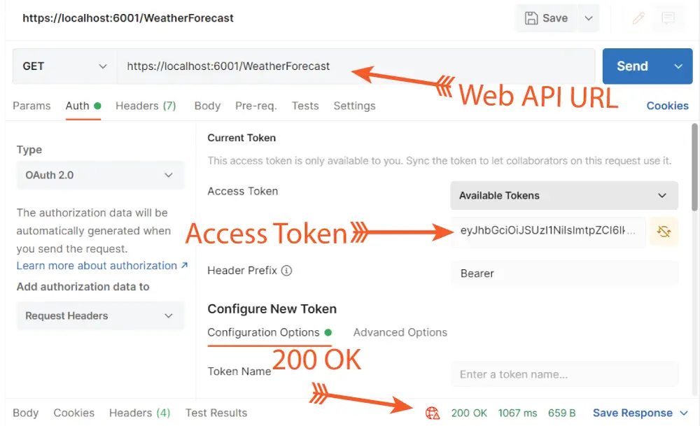 calling asp.net core web api with access token postman