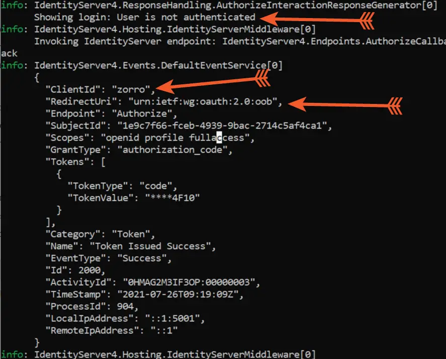 Console Logs IdentityServer asp.net core app