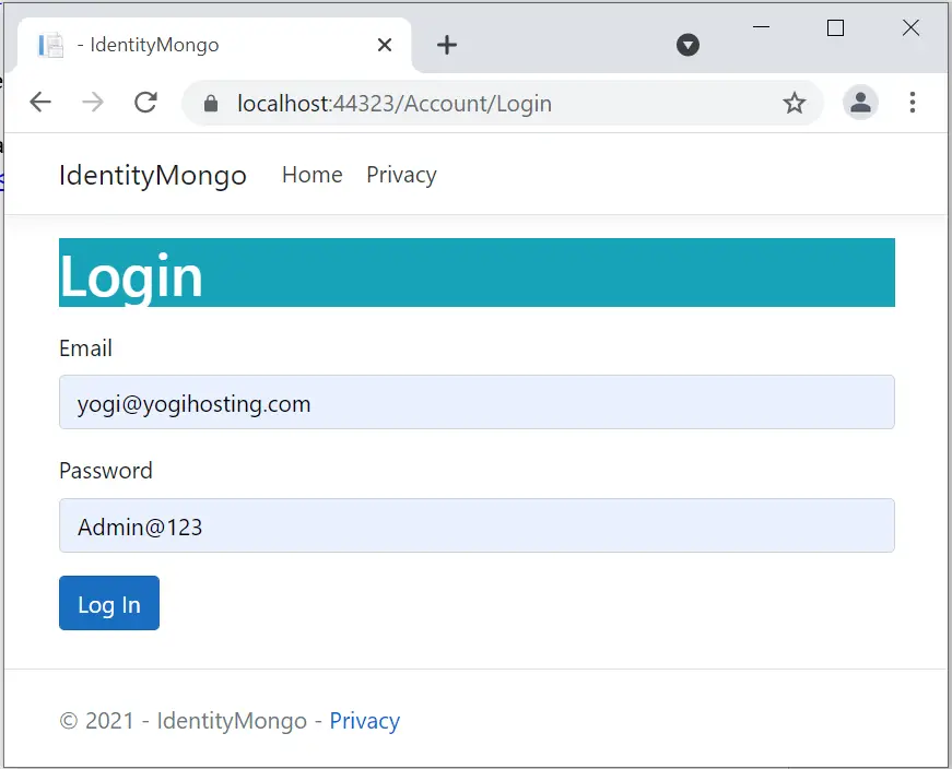 Login user asp.net core identity mongodb
