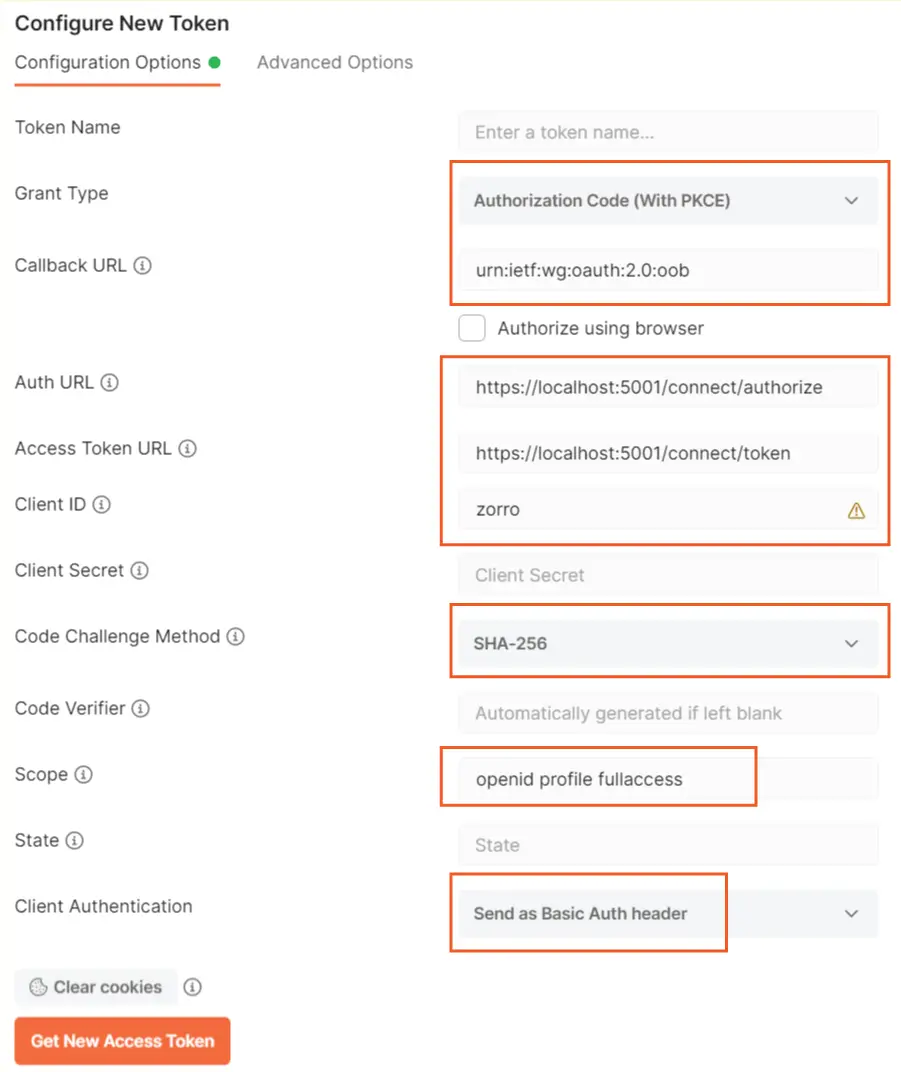 Postman Authentication Configurations identityserver