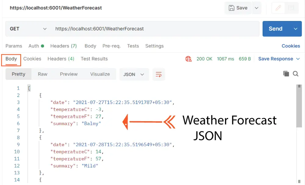 Weather Forecast JSON Web Api postman