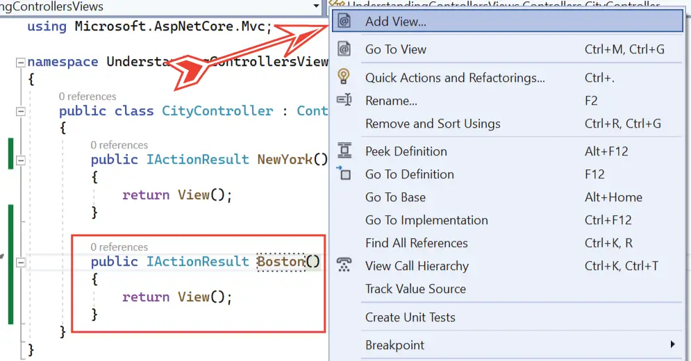 adding view shortcut visual studio