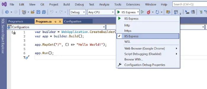 select IIS Express in visual studio