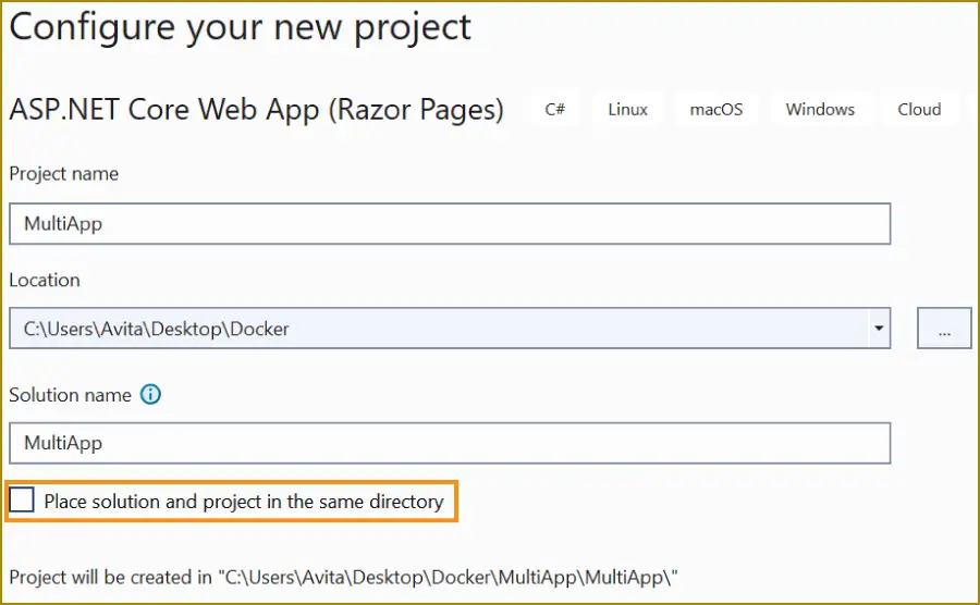 Place solution and project in the same directory visual studio