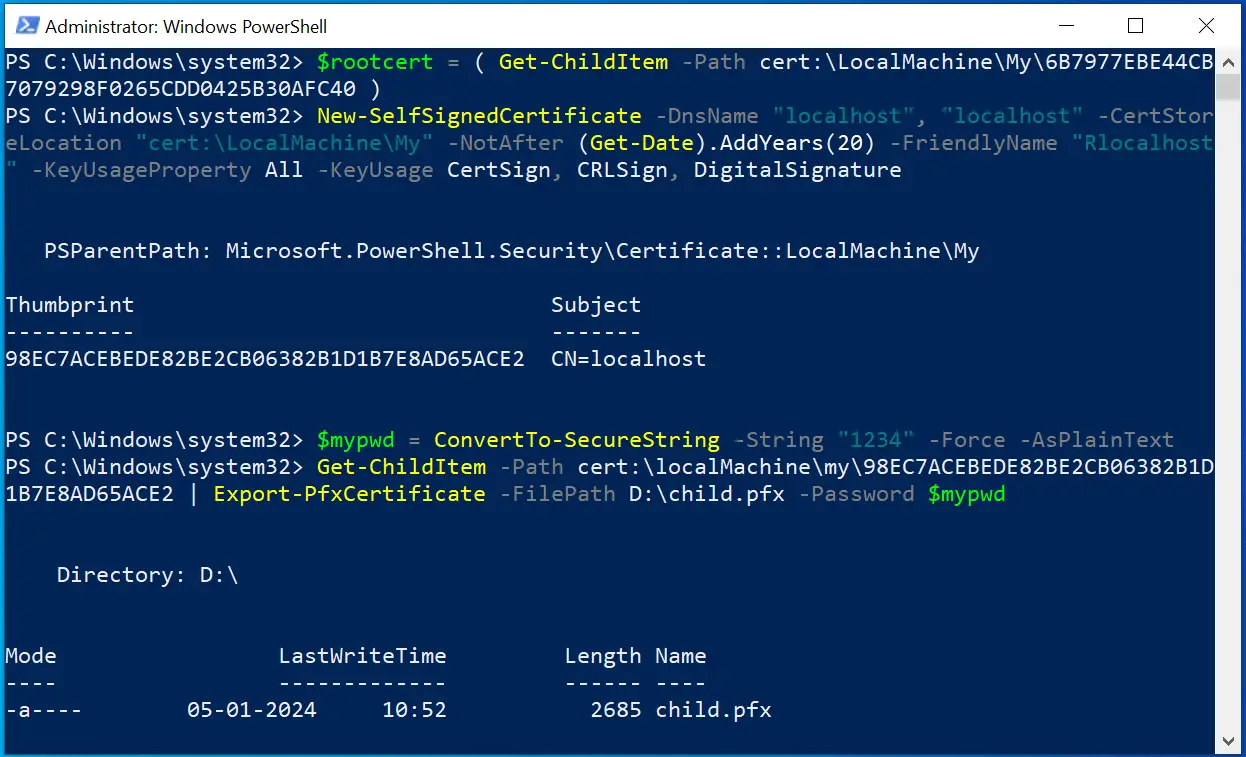 Child Certificate Powershell