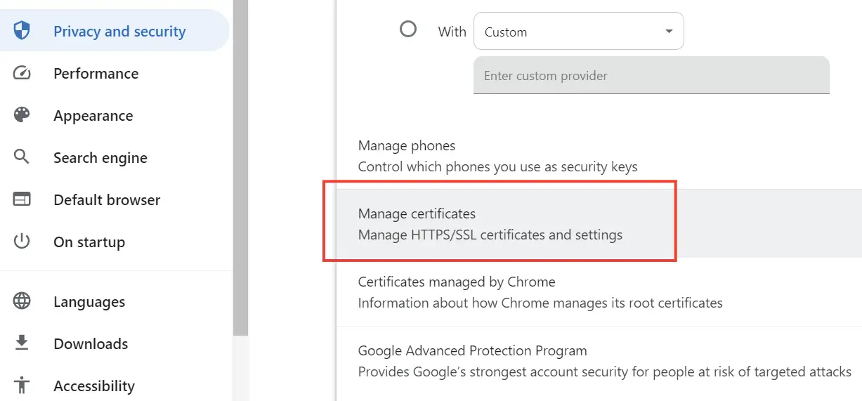 Manage Certificates in Chrome Browser