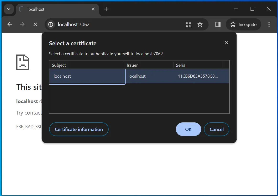 select certificate chrome