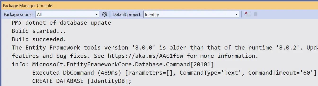 Database Update EF Core Command
