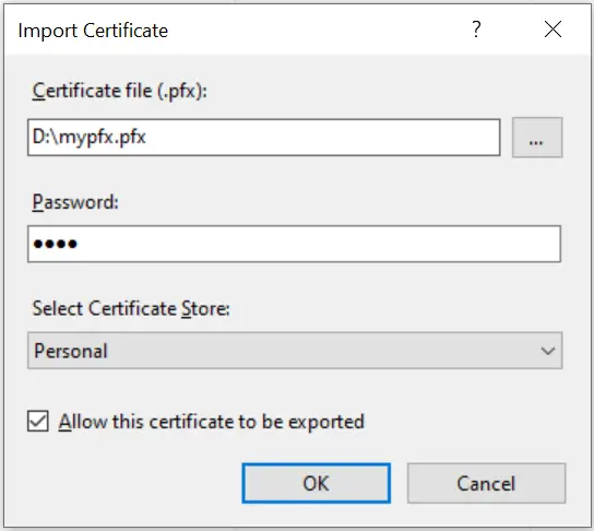 Import Certificate dialog IIS