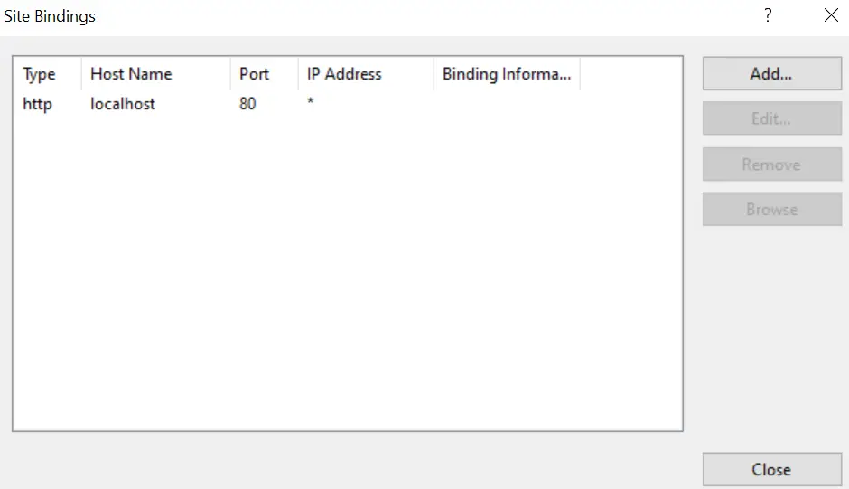 IIS Site Binding Window