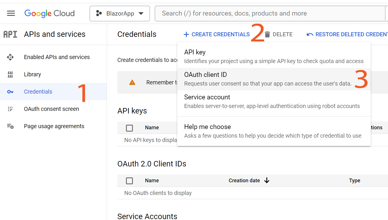 Google Cloud Console Credentials