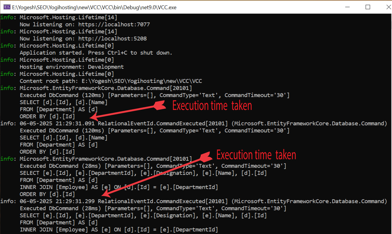 Execution Time EF Core Logs