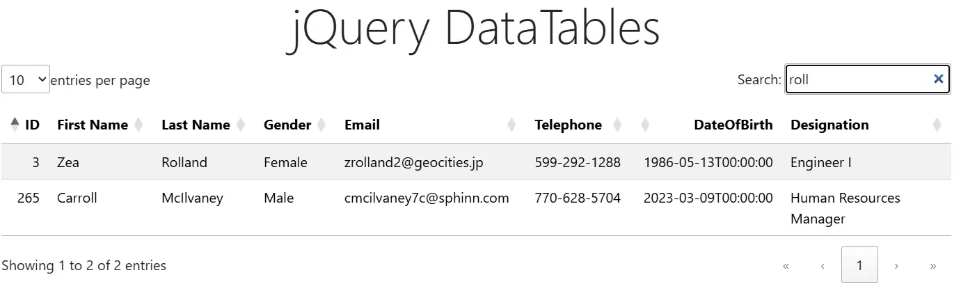 jQuery DataTables Searching jQuery DataTables Searching